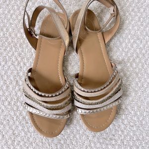 Jack Rogers Women's Metallic Gold & Fabric Multi Strap Ankle Strap Sandal Size 8